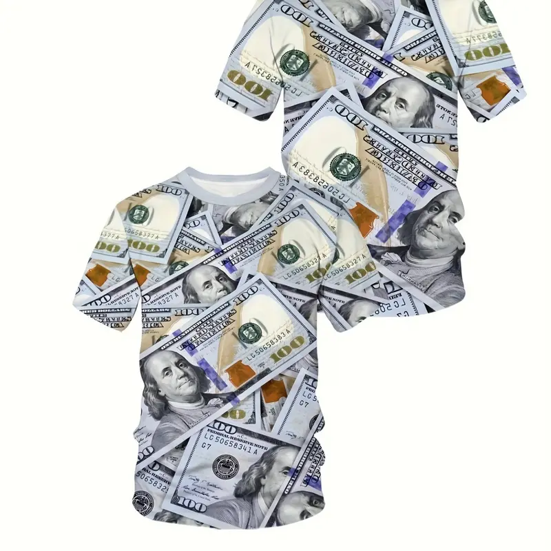 Men's New Dollar 3D Printed Summer Short Sleeve T-Shirts, Casual Streetwear Fitted Long Tops