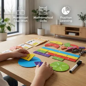 Montessori Math Fraction Manipulatives Learning Set, Includes Fraction Circles, Tiles, and Dry-Erase Activity Cards, Early Math Educational Materials, Math Teaching Aid, Color Coded STEM Learning Toy, Math Learning Tools (Ages 3+)