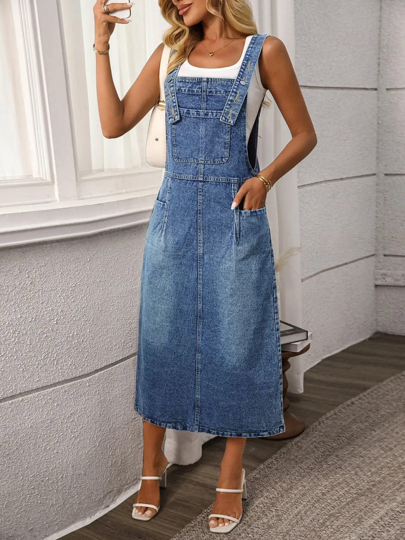 Women Adjustable Strap Denim Midi Belted Overalls Skirt, Square Neck Multi-Pocket Loose Fit Straight Leg Jeans Workwear Skirt, Casual Style Everyday Vacation Dress