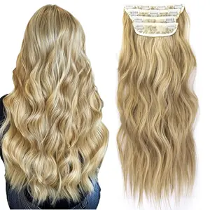 Clip in Synthetic Hair Extensions Long Wavy 4PCS Thick Hairpieces Light Brown Mix Golden Blonde Fiber Double Weft Natural Hair Extensions 20 Inch /190g/6.7oz for Women