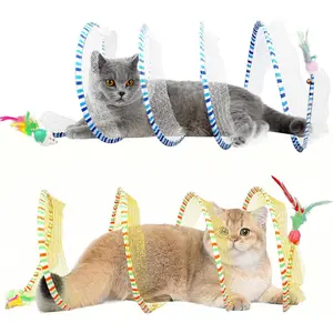 2-Pack Large Cat Tunnel Beds - Indoor & Outdoor,Kitten Collapsible Spring Tunnel Toy with Feather and Bell,Interactive Spring Toys for Cats & Kittens（Yellow and Blue）