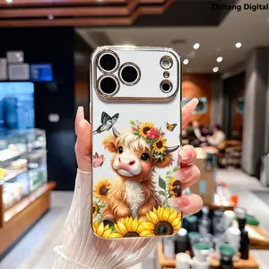 Sunflower Floral Highland Cow Print Premium Phone Case for iPhone 17 Pro Max Air 16 Plus 15 14 13 12 11 Soft Elegance Luxury Golden Edge Electroplating Phone Protection Cover Premium Slim Shockproof Lightweight Protective Cover