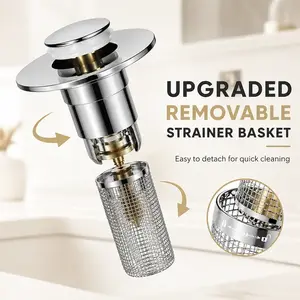 Universal Pop-Up Sink Drain Stopper with Stainless Steel Filter Basket Anti-Clog Debris Catcher Easy Install for Bathroom Kitchen | Rust Resistant Hair Trap Filter, Multi-Size Fit Household Sink Accessory