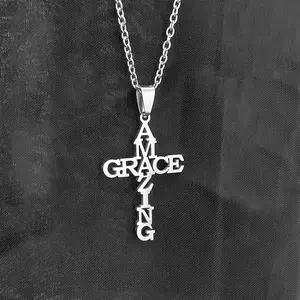 Amazing Grace Cross Necklace 18K Gold Plated Religious Faith Christian Holy Pendant Birthday Thanksgiving Gift