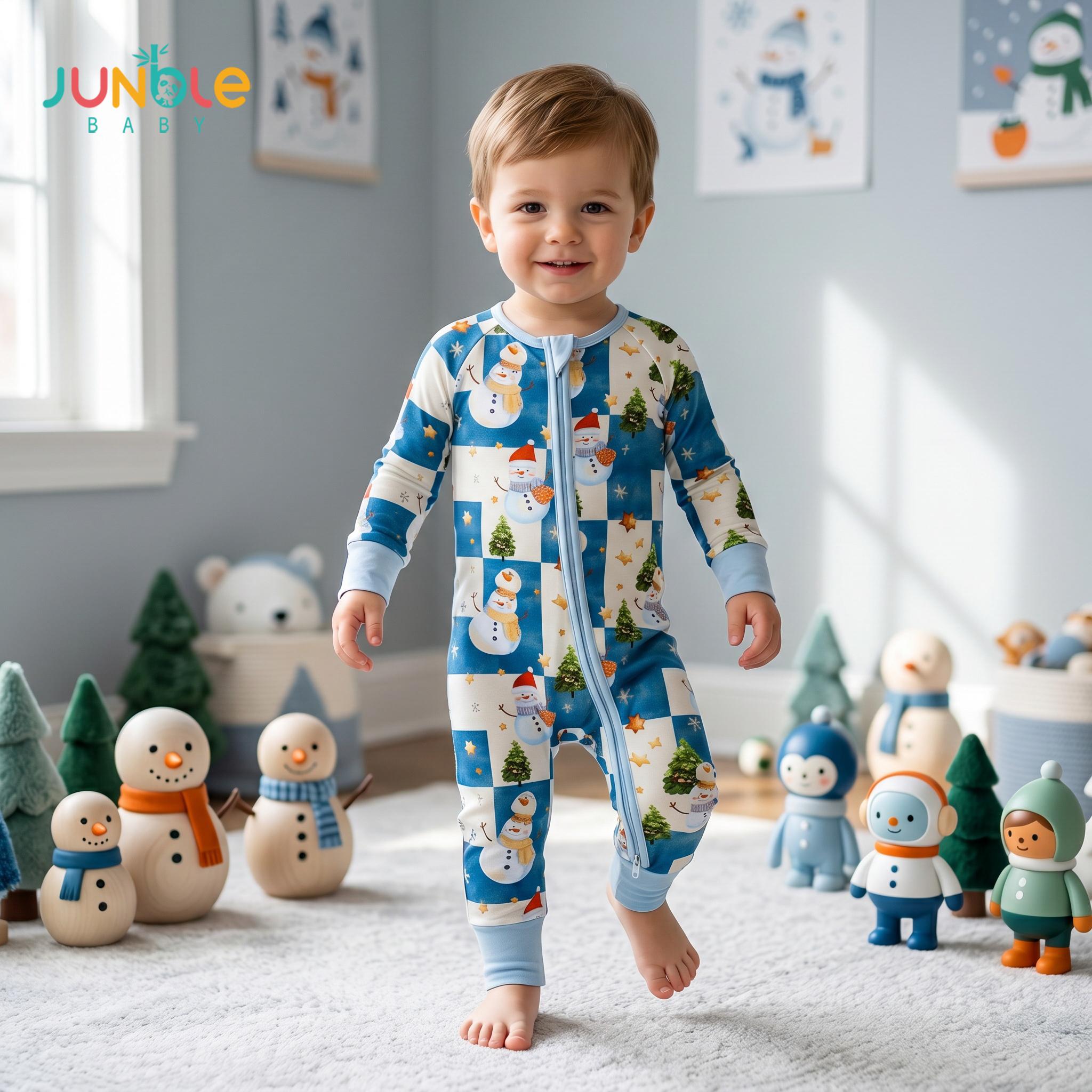 Junblebaby Unisex Baby Bamboo Fiber Christmas Bodysuit - Long Sleeve, Full Length Jumpsuit, 2-Way Zipper, Snowman Tree Print, Minimalist Knit Crew Neck, Ultra Soft Breathable, Machine Wash Cold, Easy Diaper Changes Pullover