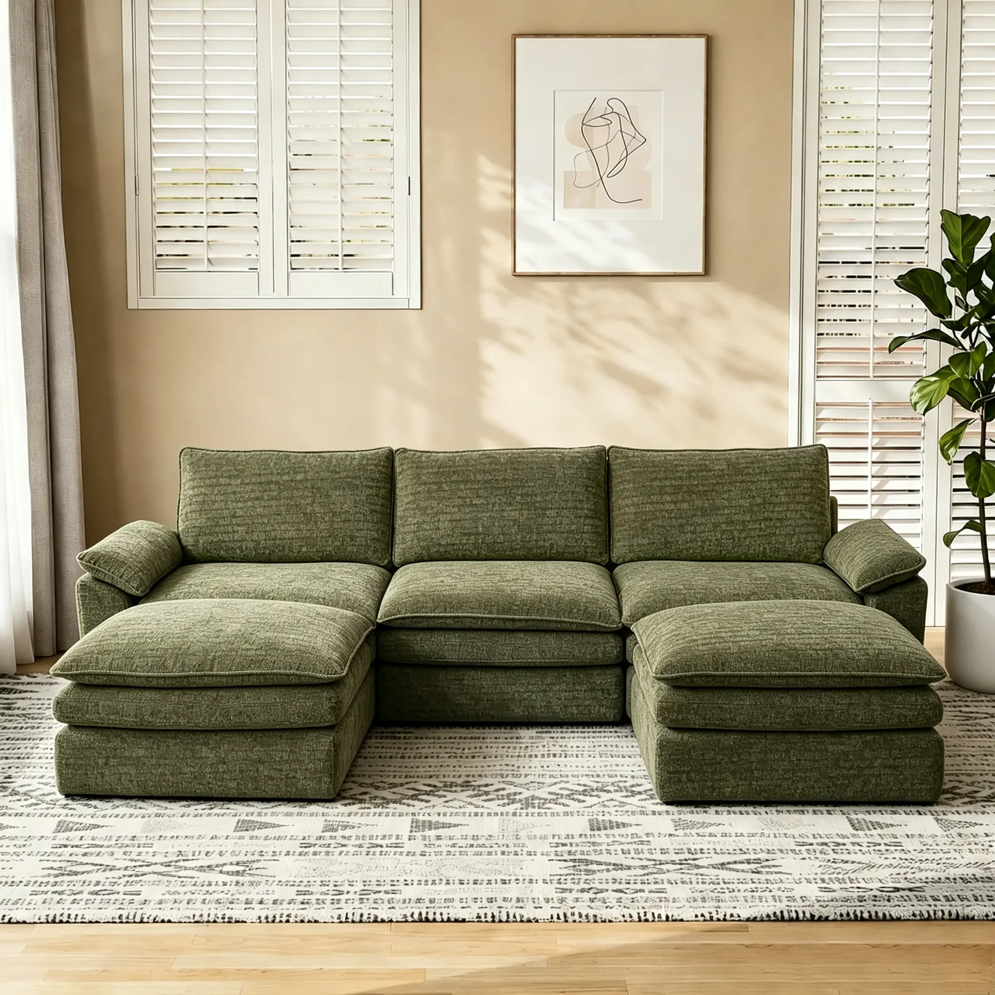 118" Grey Corduroy Lazy Cloud Modular L-Shaped Modern Upholstered Sectional Sofa with Ottoman - Vacuum Compressed Oversized Deep Seat Fabric Couch, Customizable Apartment Living Room Furniture, Sectional Couch