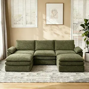 118" Grey Corduroy Lazy Cloud Modular L-Shaped Modern Upholstered Sectional Sofa with Ottoman - Vacuum Compressed Oversized Deep Seat Cozy Fabric Couch, Customizable Apartment Living Room Furniture, Cozy Sofa
