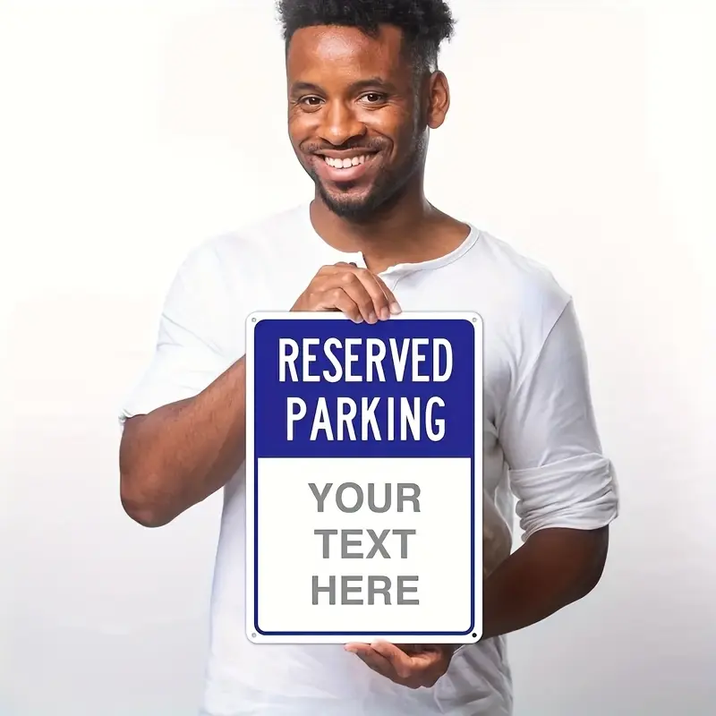 Sturdy Customizable Rectangle Metal Parking Sign - Home Supplies, 12x8 in Heavy Duty Plaque, Custom Text, Vintage Blue White Design, Home Garage Decor, Ideal Housewarming Gift