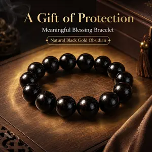 14mm Natural Black Gold Obsidian Bracelet - Feng Shui Crystal Bead Bracelet with Protective Properties, Spiritual Meaningful Gift for Men