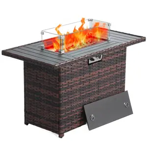 44 Inch Propane Fire Pit, Steel Gas Fire Feature Table with Iron Lid,Glass Rock, Rain Cover and Tempered Glass Wind Guard for Outside Garden Backyard Deck Patio
