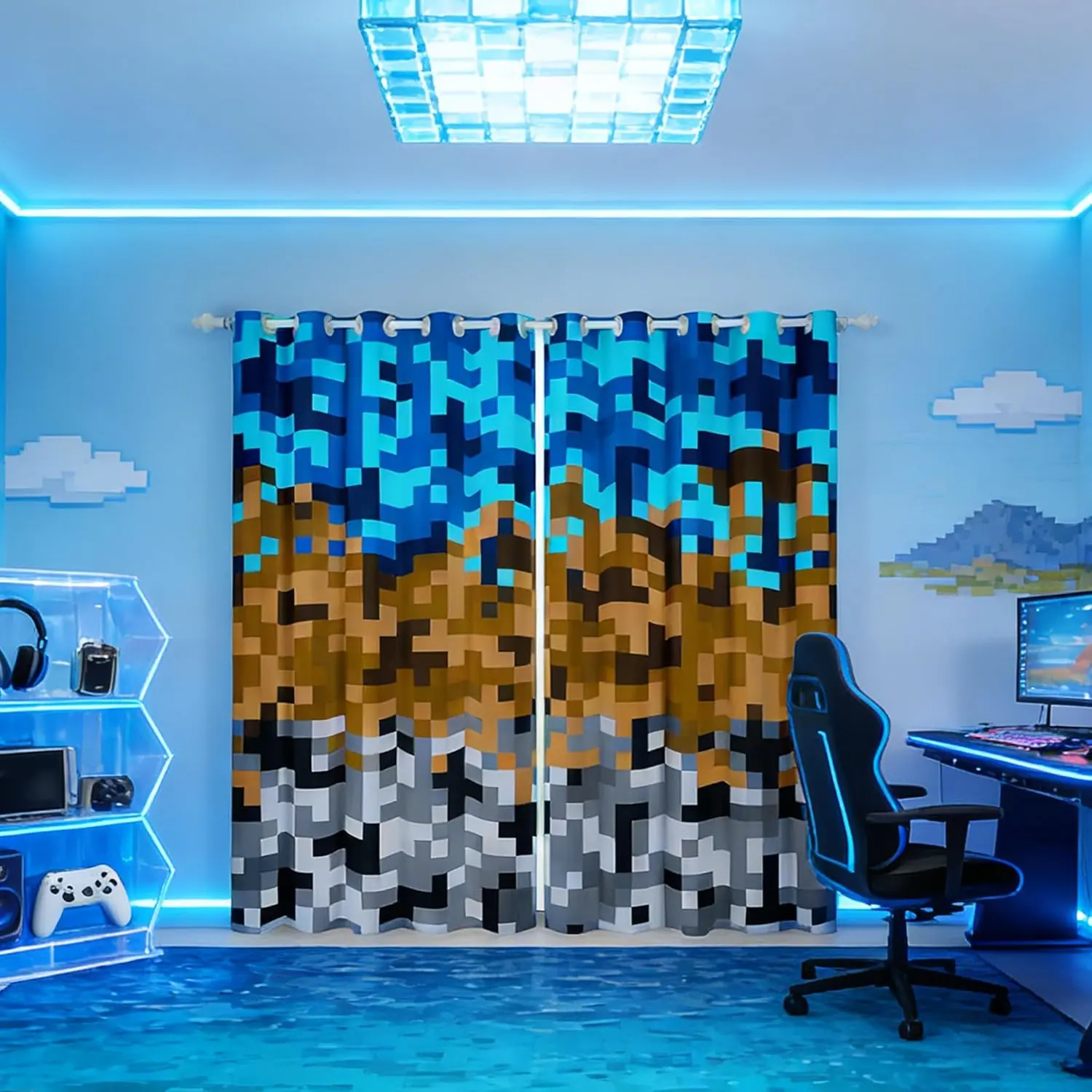 Pixelated Miners Gaming Window Curtain,Blue Brown Grey Grid Blackout Window Treatment Adult Construct Video Games Bedroom Curtains Geometric Block Living Room Decor Top Panels