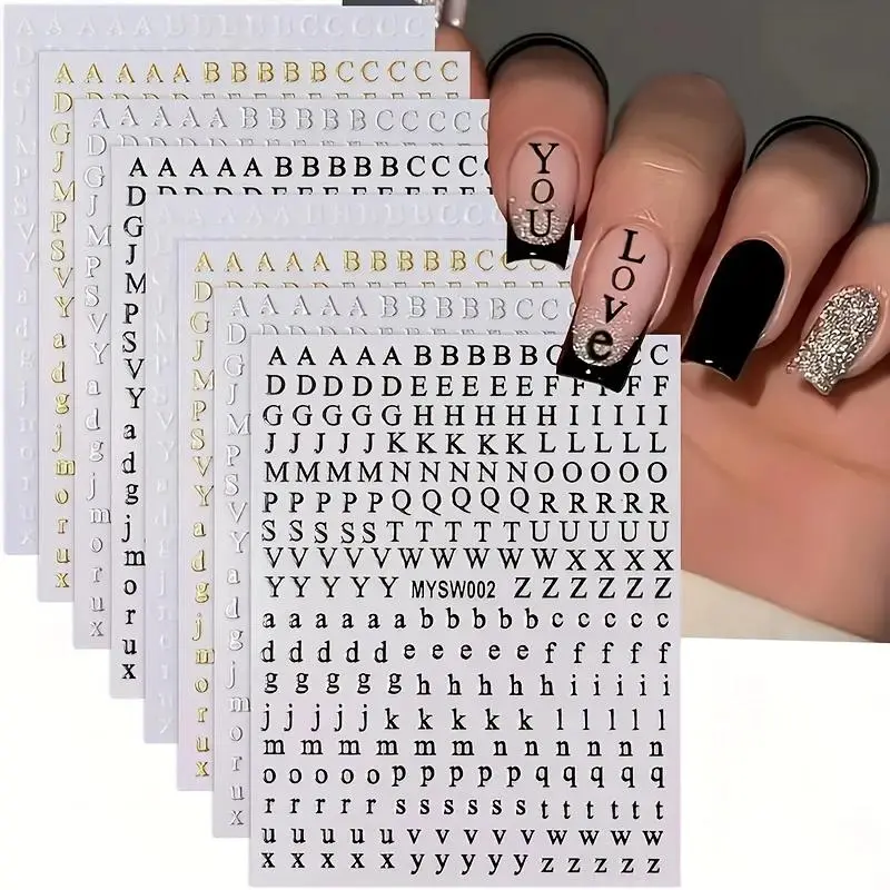3D Self-adhesive Nail Stickers, 8 Sheets Letter Pattern Nail Decorative Decals, DIY Nail Art Supplies for Women & Girls, Nail Art Design, Nail Art Decoration