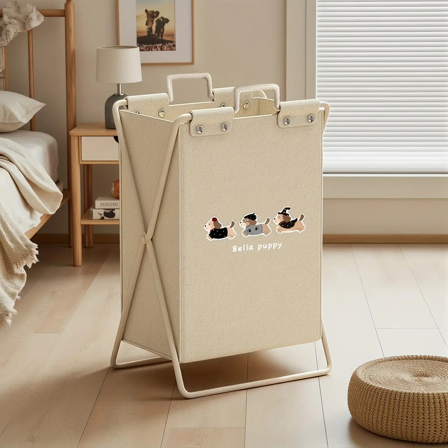 Vintage Foldable Laundry Basket with Cute Cartoon Dog Pattern, Lightweight Durable Frame, Large Capacity Storage Bin for Bathroom and Bedroom