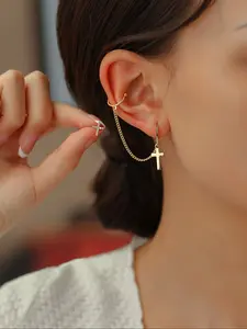 Women's Copper Cross Pendant Earrings Set, Studded Cross Earrings, Cross Dangle Earring, Artificial Zircon Studs & Long Chain Ear Cuffs, Elegant All Seasons Jewelry