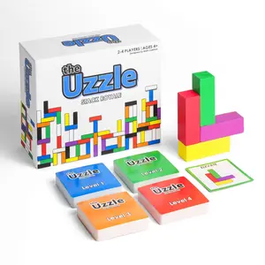 The Uzzle Stack Royale - Strategy Board Game Blocks for 1-4 Players, 4 Difficulty Levels, 32 Colored Wooden Blocks, 160 Challenge Cards, Fun for All Ages, Perfect Gift