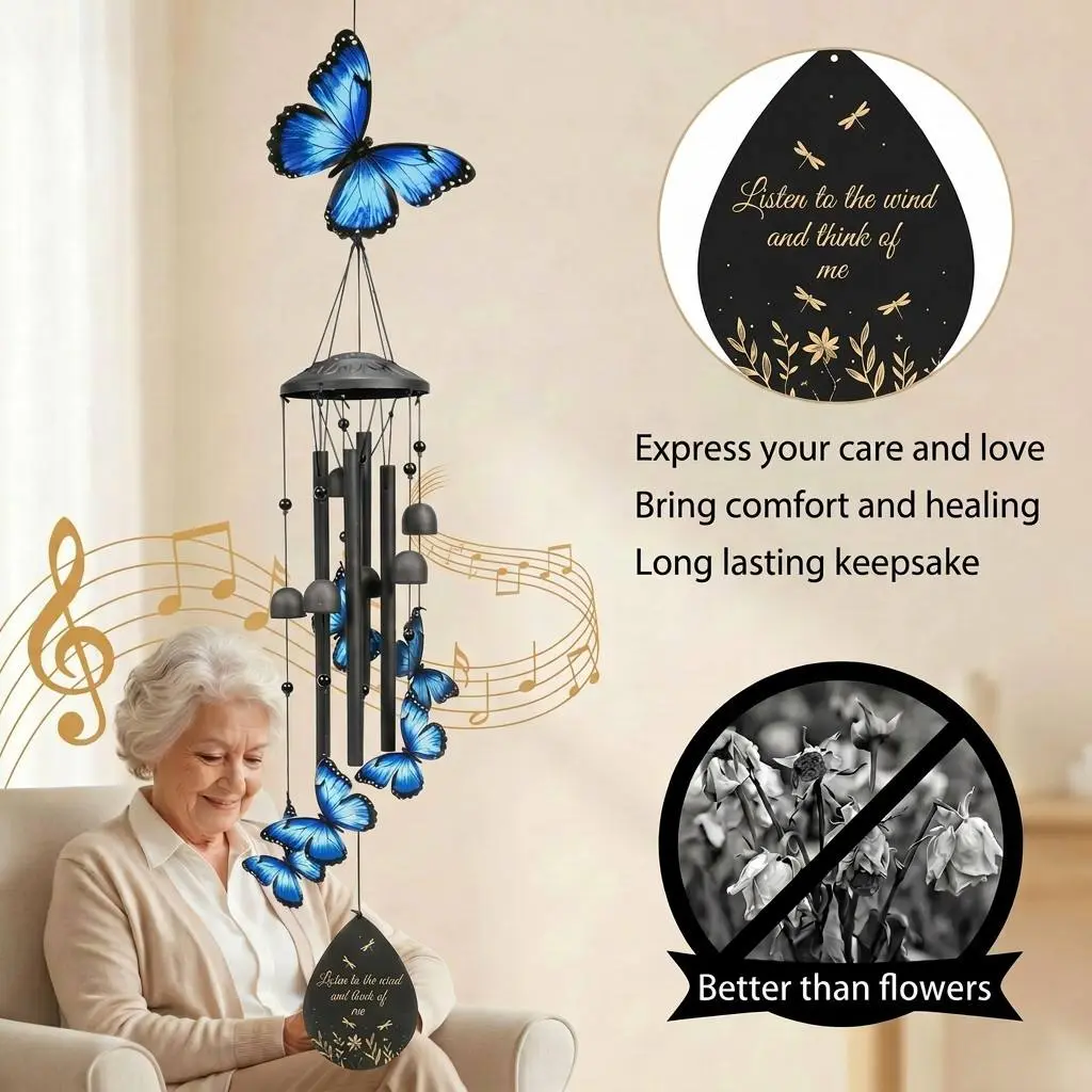Butterfly Memorial Metal Wind Chimes - Whimsical Aesthetic Outdoor Hanging Decor for Garden-Patio - Sympathy Gifts for Grieving, Women - Ideal for Father’s Day, Thanksgiving, Valentine’s Day, Anniversary, Home Decor