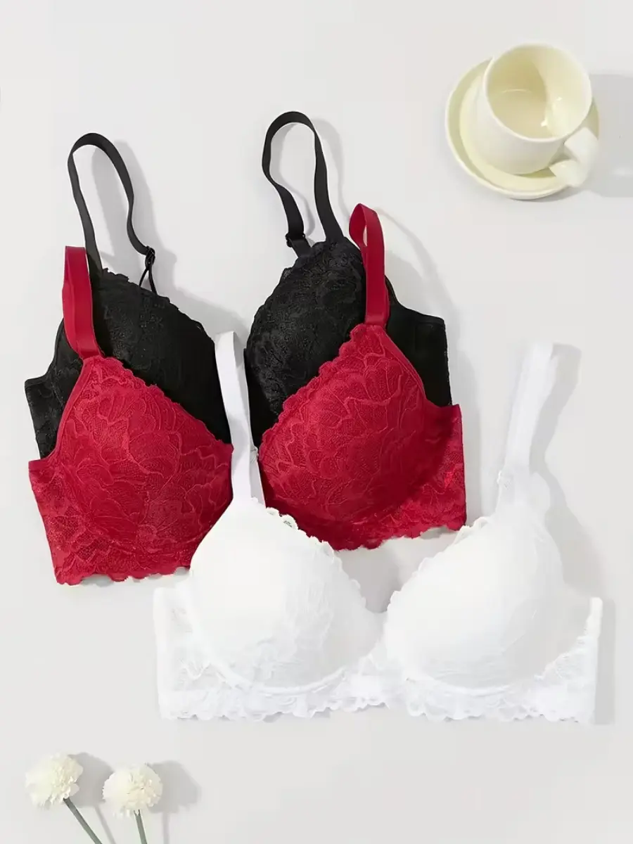 3-Pack Elegant Lace Bras for Women, High Support Push-Up Underwire, Contrast Lace Detail, Solid Color, Knit Fabric, Polyamide with Elastane Lining, Non-Removable Padding