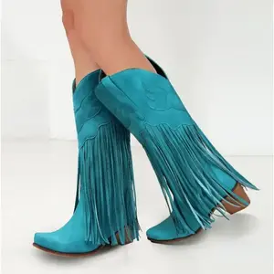 Women Fringe Cowboy Boots Square Toe Mid Calf Embroidered Western Boots,Tassel Cowgirl Boots Stacked Heel Retro Boots