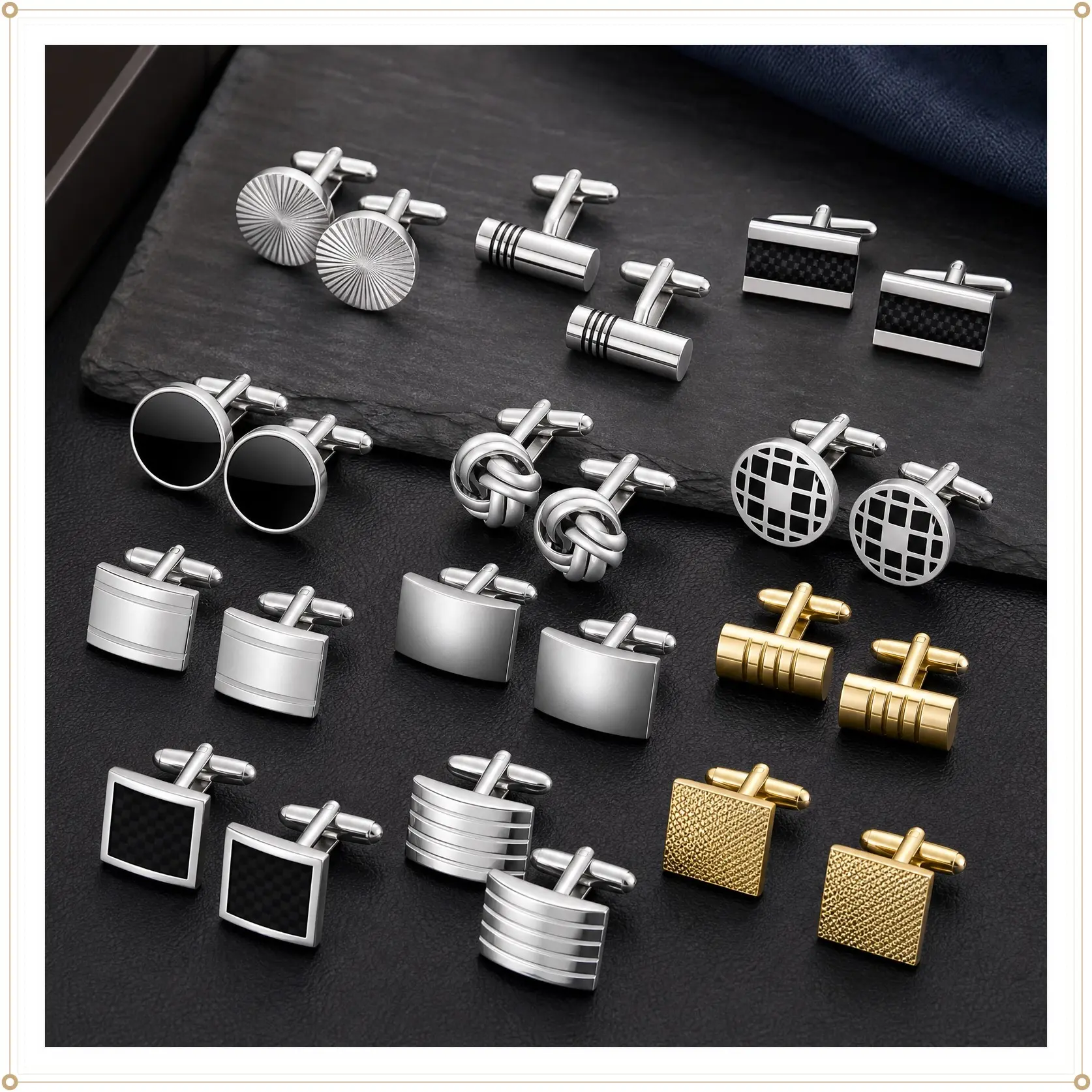 Men’s 12-Piece Classic Tone Cufflinks Set - Men’s Accessories with Silver Striped Disc, Square, Rectangle Designs, Modern Unisex Cuff Links for Wedding, Business
