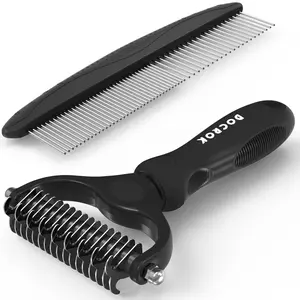 Pet Grooming Brush and Metal Comb Combo, Cat Brush Dog Brush for Shedding, Undercoat Rake for Dogs Grooming Supplies, Dematting Deshedding Brush Dogs Shedding Tool for Long matted Haired Pets, Black