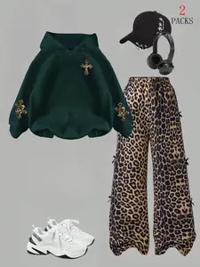 Y2K Leopard Print Hoodie Set, Cross Pattern Sweatshirt & Wide Leg Pants, Youthful Schoolgirl Style, Comfortable Fabric, Multicolor Options