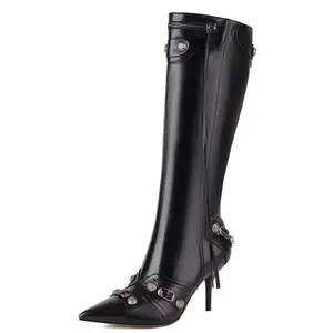 VIMISAOI Knee High Boots for Women Fashion Slide Zipper Pointed Toe Stiletto Studded High Heel Rivets Tassel Boots Party Dress Shoes Fall Boots For Women