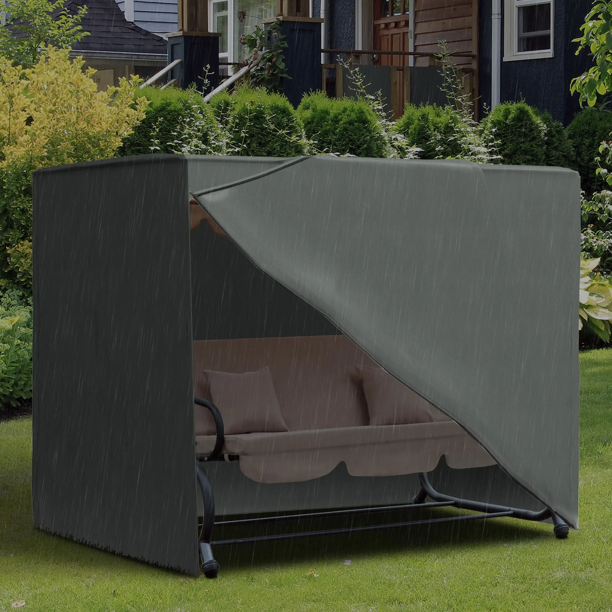 Gray Outdoor Patio Swing Cover - 81x49x65 inches Adjustable Fabric, UV-Resistant, Waterproof, Dustproof, Breathable with Drawstring Cord Locks & Zipper Opening for Deck, Poolside Porch Hammocks, Canopy Swings