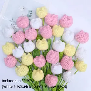 Handmade Crocheted Tulip Bouquet, Handmade Flowers, Eternal Flower, Artificial Flowers, 10-Stem Artificial Mixed Flowers, Nature Ornament for Living Room & Bedroom Home Decor, Easily Wrapped Into a Bouquet As a Gift