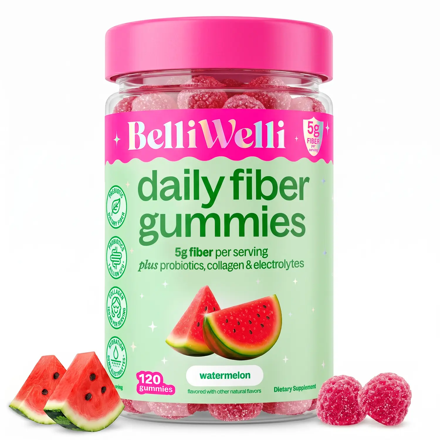 BelliWelli 4-in-1 Fiber Gummies 120ct - 5g Fiber per Serving with Probiotics & Collagen for Digestion Regularity & Constipation Support Digestive Wellness