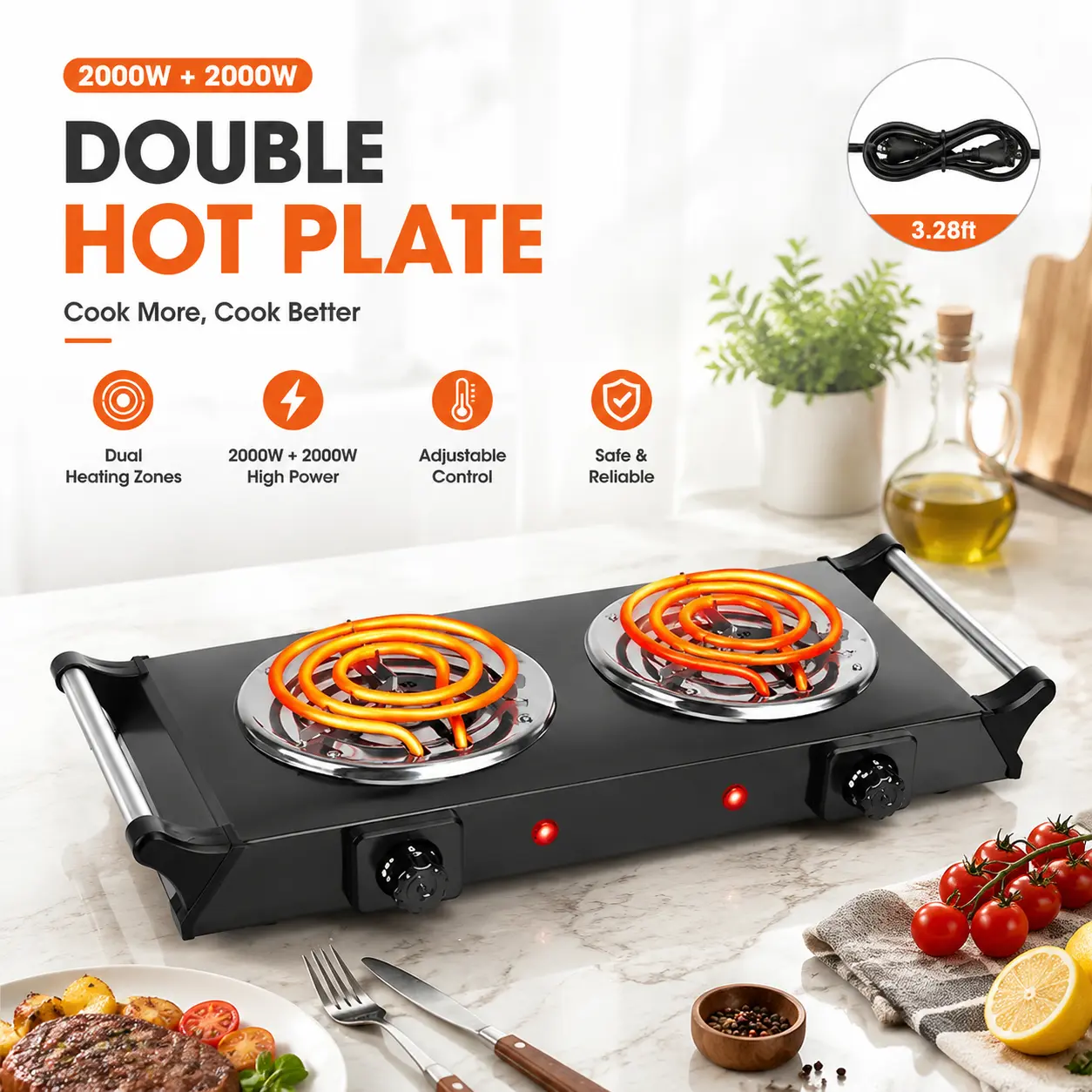 Electric Countertop Double Burner, 2000W Cooktop with Coil Hot Plate & Stay Cool Handles, 5 Level Temperature Control, Easy to Clean, Indicator Lights, Cooking Stove for Office/Home/Camping Use-4271