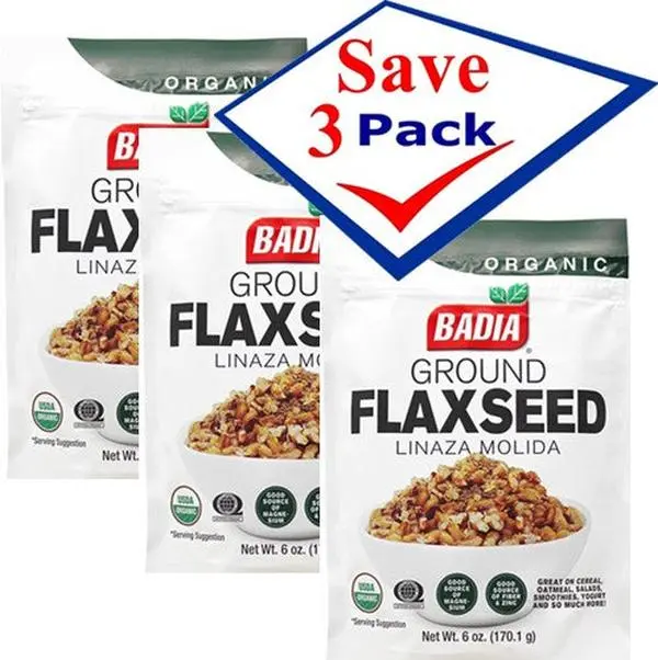 BADIA Certified Organic Ground Flax Seeds, 6oz, Fiber-Rich, US-Sourced, Pack of 3 – Staples & Cooking Essential for Seasoning Prep, Yes