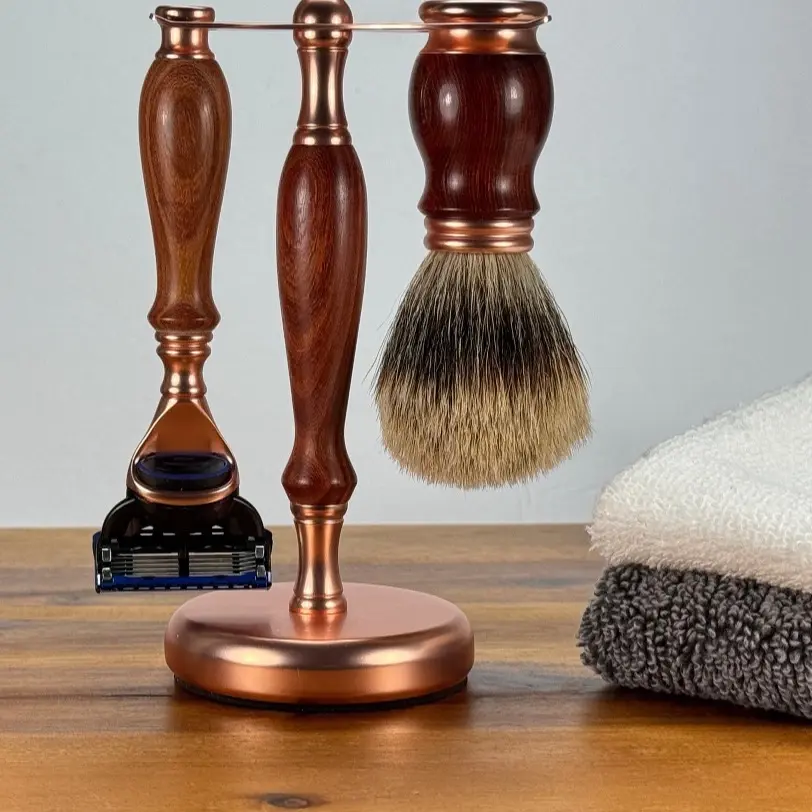 Handmade 3PC Wooden Handle Men Razor Set W 5 Blade Cartridge & Badger Brush display storage Stand Holiday Gift set for him father Dad Husband
