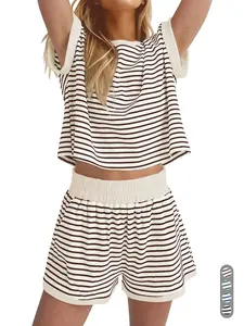 Women's 2 Piece Striped Loungewear Set, Sexy Short Sleeve Crop Top & High Waisted Shorts, Summer Tummy Control Casual Womenswear