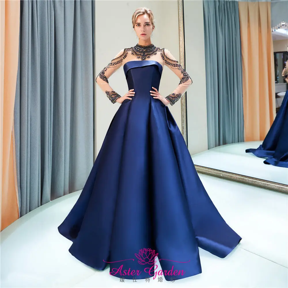 Navy Blue Long Sleeves Satin Beaded Evening Ball Gown
