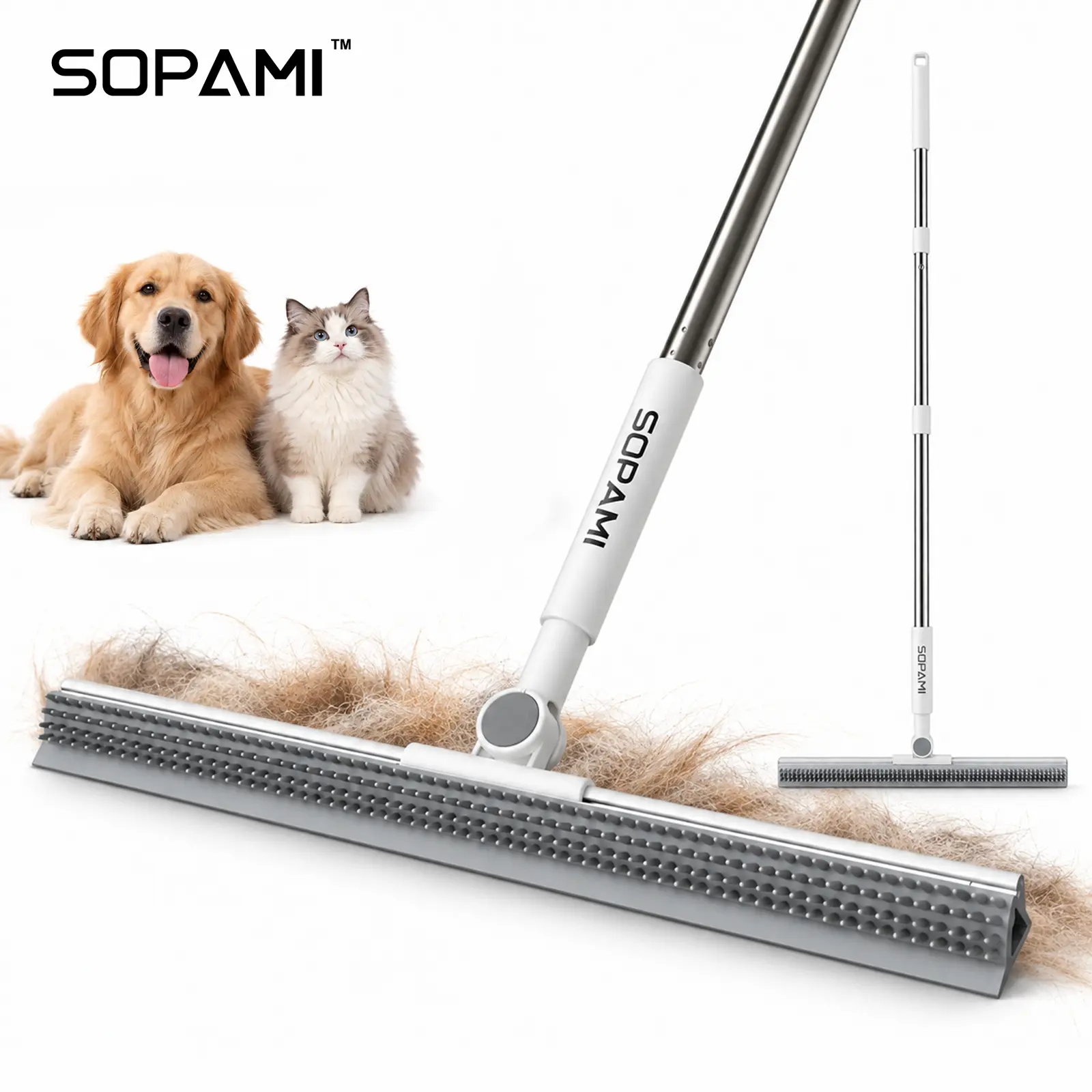 SOPAMI 2-in-1 Floor Scrub Brush & Squeegee with Extendable Long Handle, Carpet Hair & Debris Remover, Rotating Floor Scraper for Tile, Bathroom & Kitchen Floors
