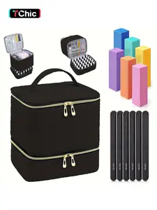 Double Layer Quilted Nail Polish Storage Bag with 12pcs Nail Files and Buffers Set, Portable Nail Art Organizer and Professional Manicure Tools Kit 100/180 Grit, Cosmetic Makeup Storage Bag, Makeup Organizer Pouch for Women and Girls