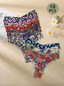 Women's Floral Print Underwear Set, Breathable & Comfortable Design, Ideal for All Seasons, Fitted Style, Pack of 10
