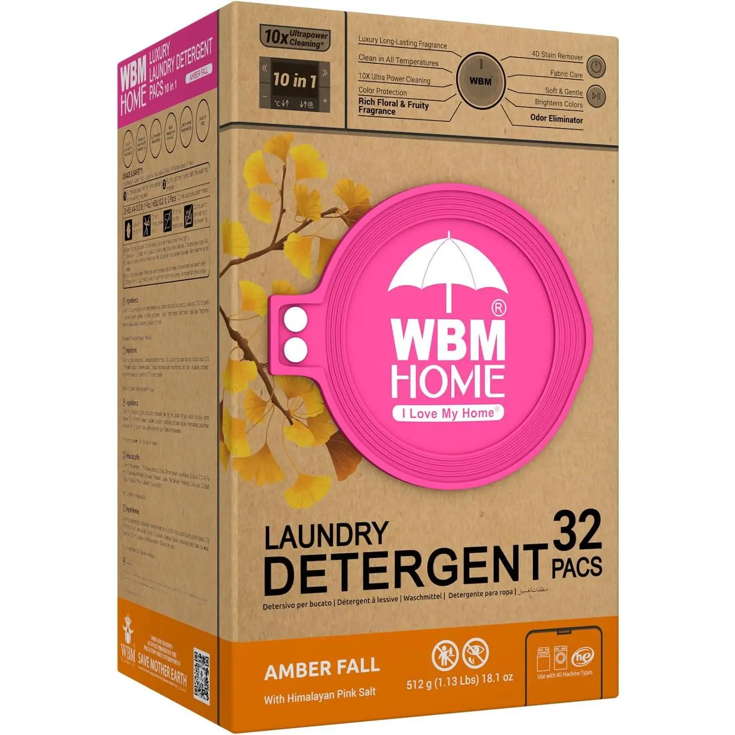 WBM Laundry Detergent Pods, 32 Count, Amber Fall Fragrance, 10-in-1 Cleaning Formula