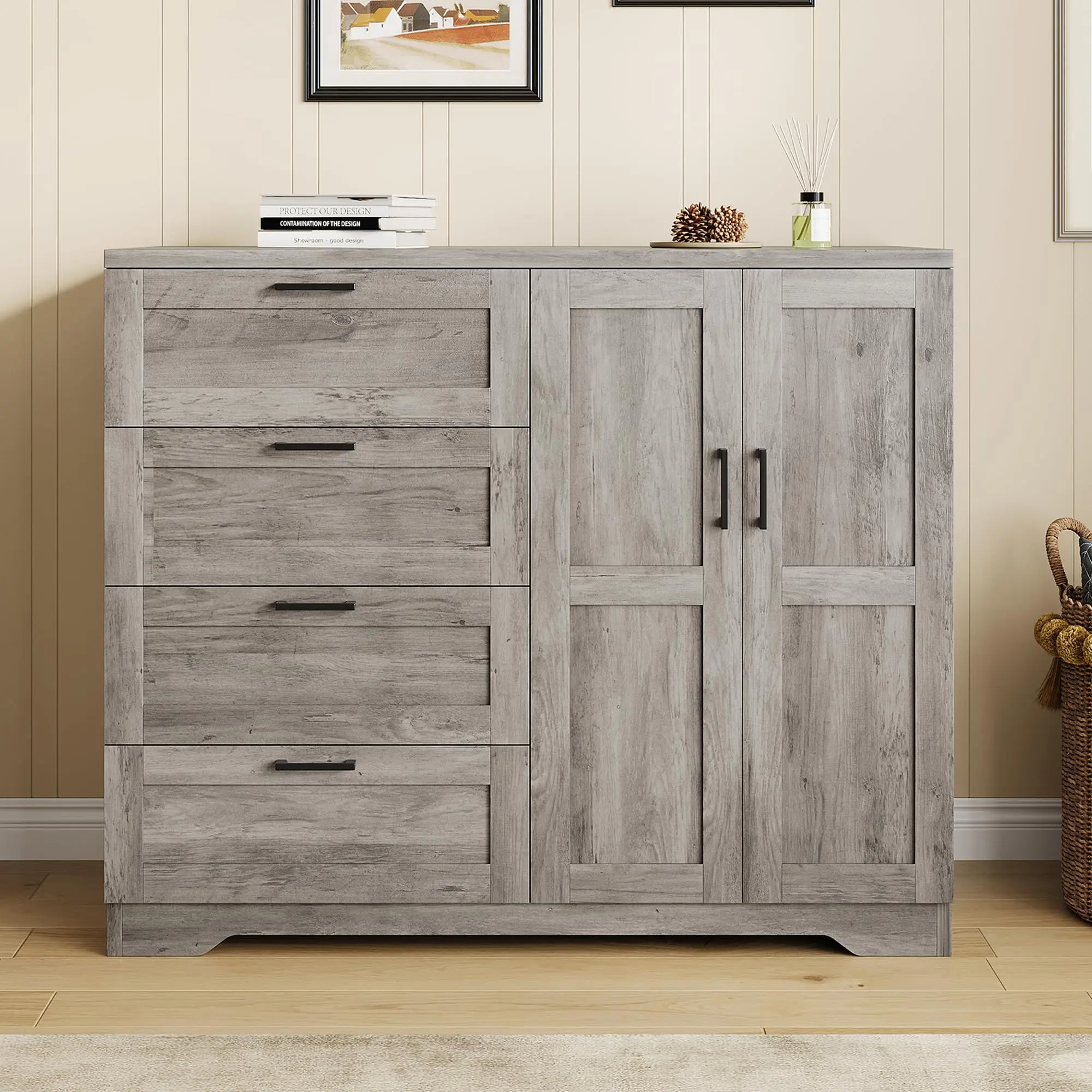 Gray Waterproof Kids Wooden Wardrobe - 43.3 in H, 2-Sliding Metal Doors, Sturdy Bottom, 4 Drawers, Hanging Rod, Low Storage Cabinet, Anti-Corrosion, Anti-Tip, Bedroom Furniture, Assembly Required Dresser