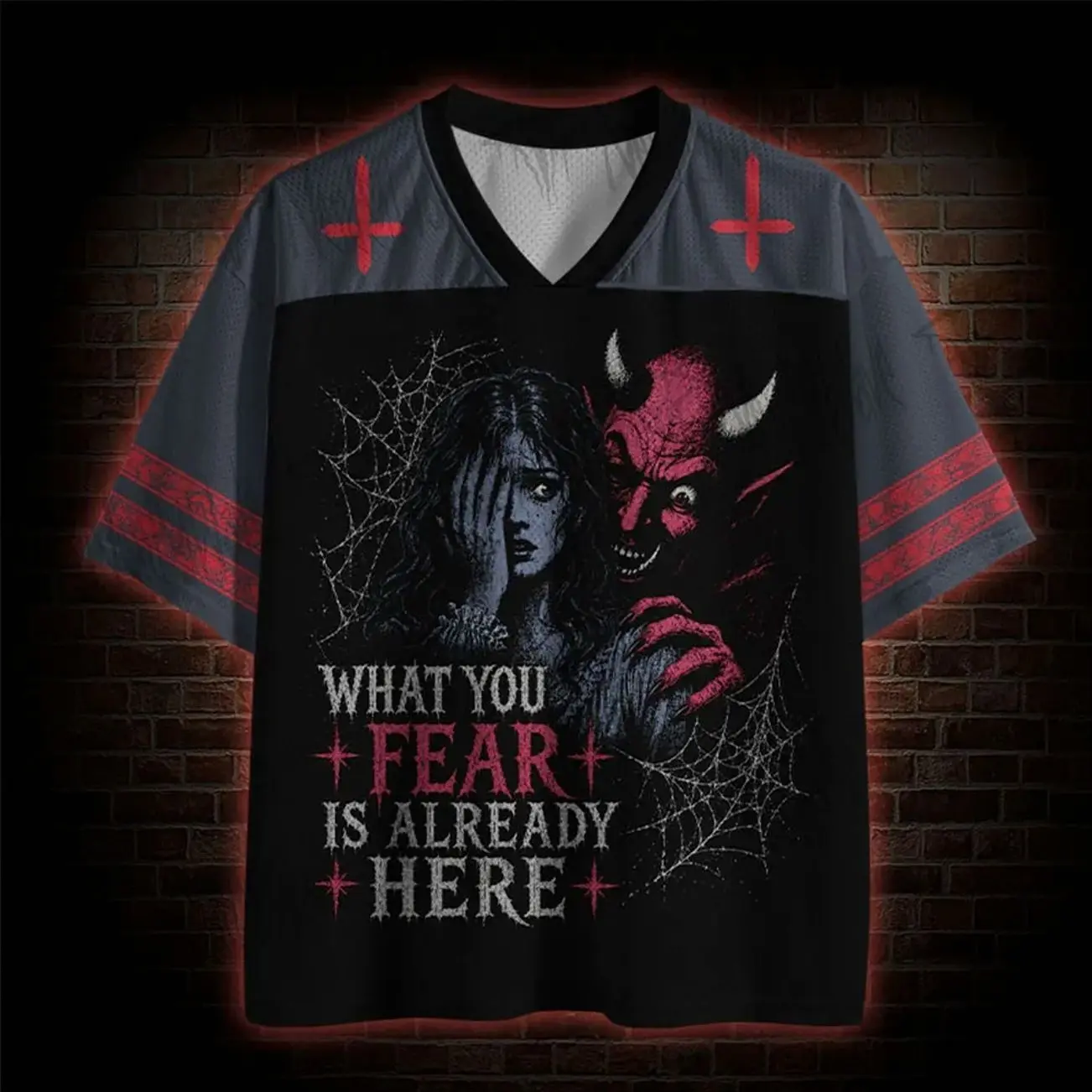 What You Fear Is Already Here Mesh Jersey → What You Fear Is Already Here Mesh Jersey, Horror Graphic Oversized Sports Jersey, Gothic Streetwear Baseball Style Shirt, Breathable Mesh Athletic Top LXX