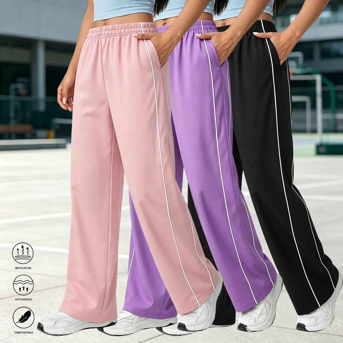 Set of 3 women’s casual athletic pants: ultra-stretchy jogger pants; comfortable sporty bottoms with high stretch fabric and a loose fit—ideal for everyday wear, leisure activities, and streetwear; women’s clothing; essential long pants for spring and aut