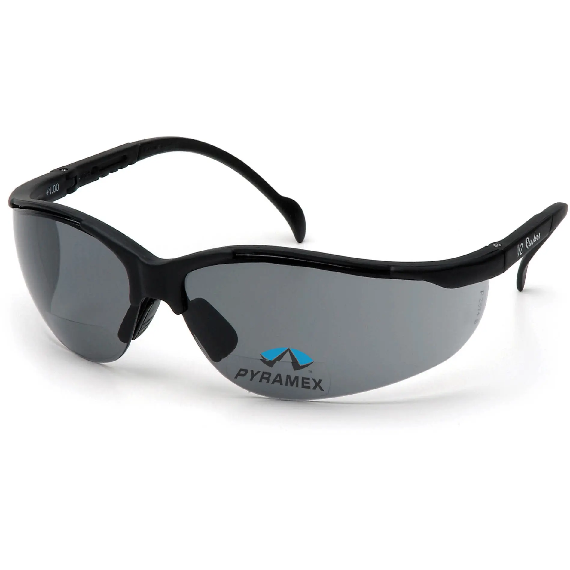 Pyramex V2 Reader Bifocal Safety Glasses with Gray Lens Full Side Protection Adjustable Length Temples UV Protection Glare Protection Protective Eyewear