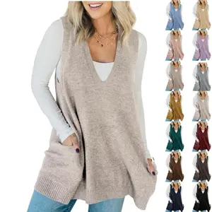 Women’s sleeveless sweater vest with V-neck, casual loose knit, A-line slim fit, and a hoodie with pockets