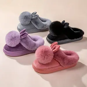 Women's & Unisex Winter Bunny Ear Slippers with Plush Ears & Sole - Cozy Indoor/Outdoor House Shoes, Soft Pink/Purple/Lavender/Black, Cute Rabbit Ear Design for Christmas Gifts, Warm (Grey/Black)