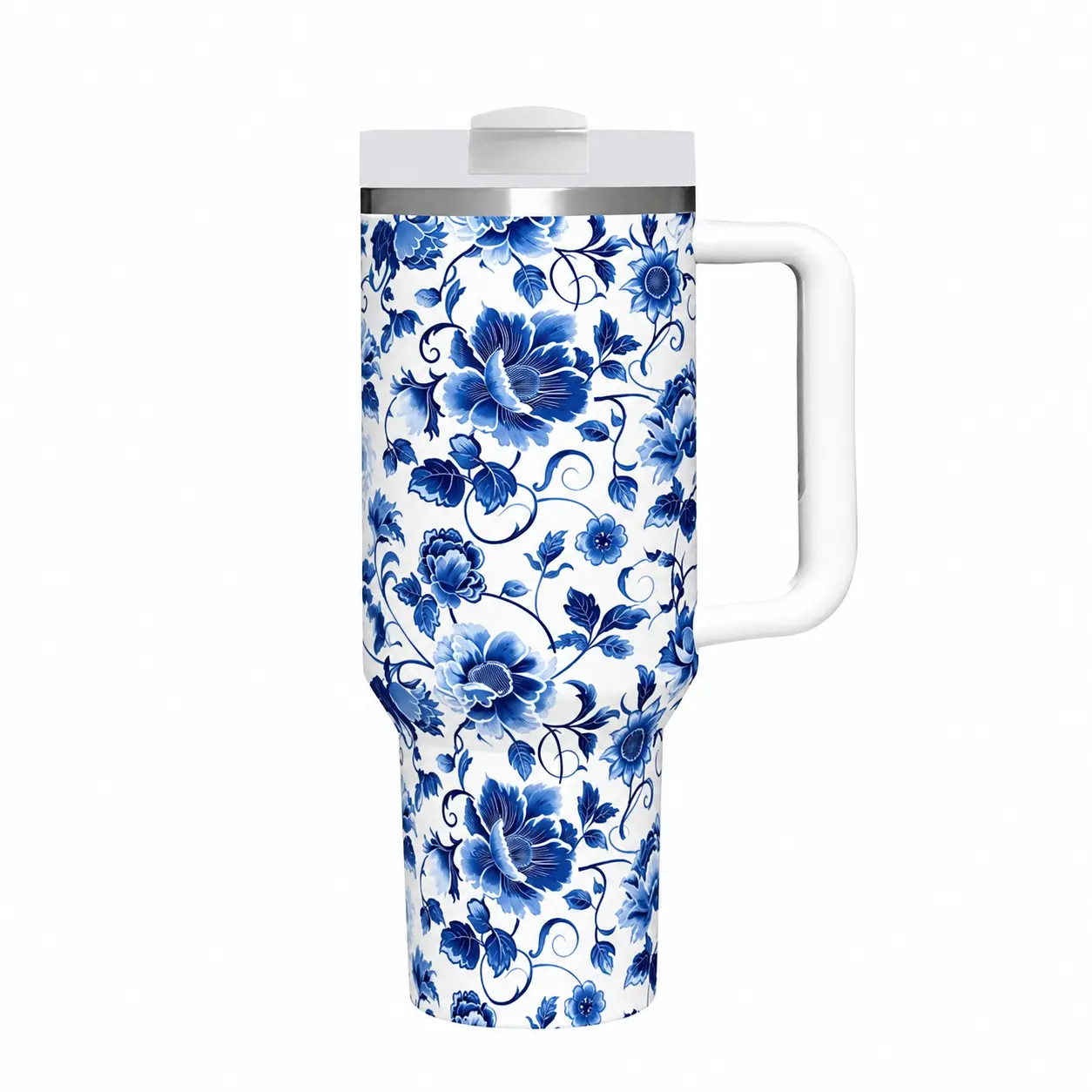 40oz Blue Floral Tumbler with Handle and Straw, Stainless Steel Insulated Travel Mug with Lid, Cup Holder Friendly Hot & Cold Coffee Cup, Reusable Gift for Women