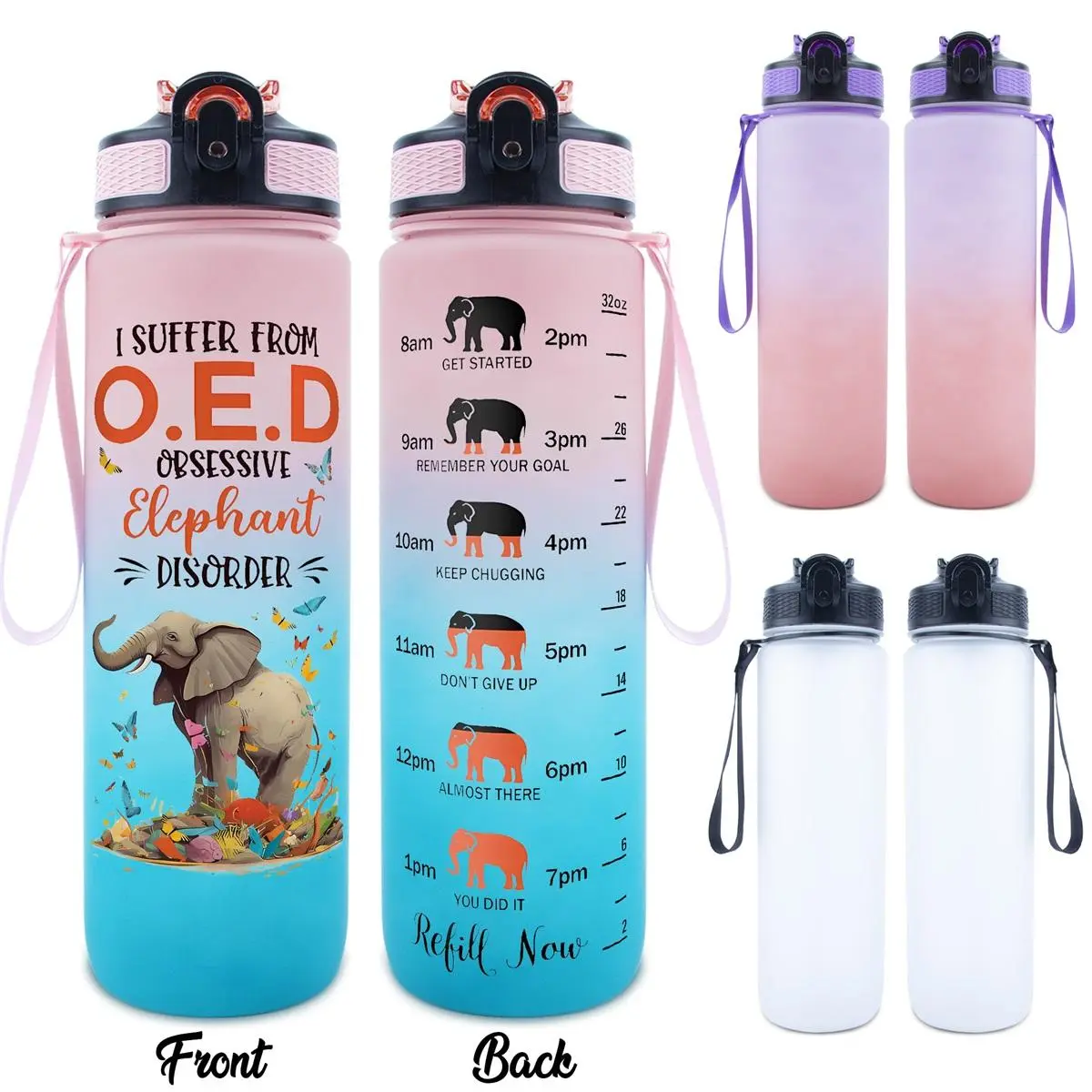 32oz Water Bottle, 1 Count Elephant Pattern Reusable Sport Water Bottle with Time Scale, Portable Drinking Bottle for Home Office School Outdoor Camping, Tumbler Drinkware, Tumbler Water Bottles