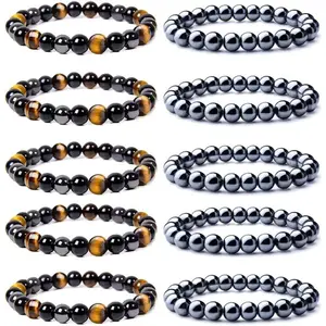 10PCS 8mm Black Hematite Magnetic Bead Therapy Bracelet For Women Stone Bracelet Stress Relieving Triple Protection Anxiety Relief Bracelet Jewelry Trendy Stack Bangle