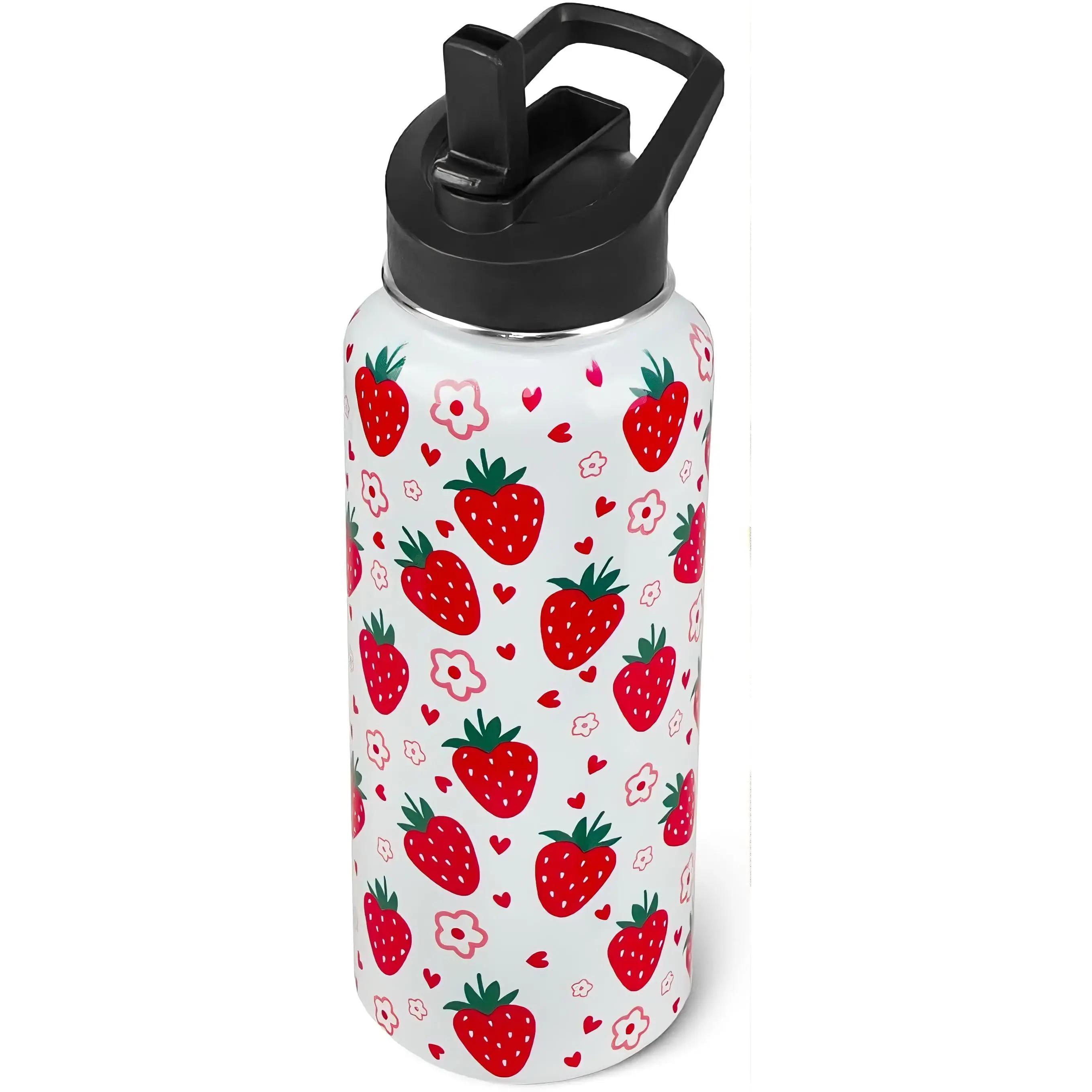 Strawberry Water Bottle with Straws Double Walled Vacuum Insulated Sports Bottle Strawberry Travel Thermal Cup Leak Proof Stainless Steel Tumbler Strawberry-theme Decor Gifts-32 oz