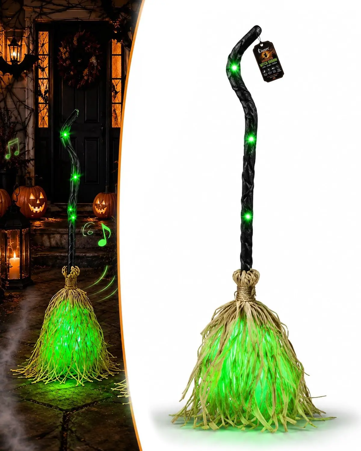 Animated Moving Witch Broom Halloween Prop with Light, Sound & Motion - Festive Party Decor for Porch Entryway Haunted House to Boost Spooky Atmosphere | Home & Outdoor Supplies