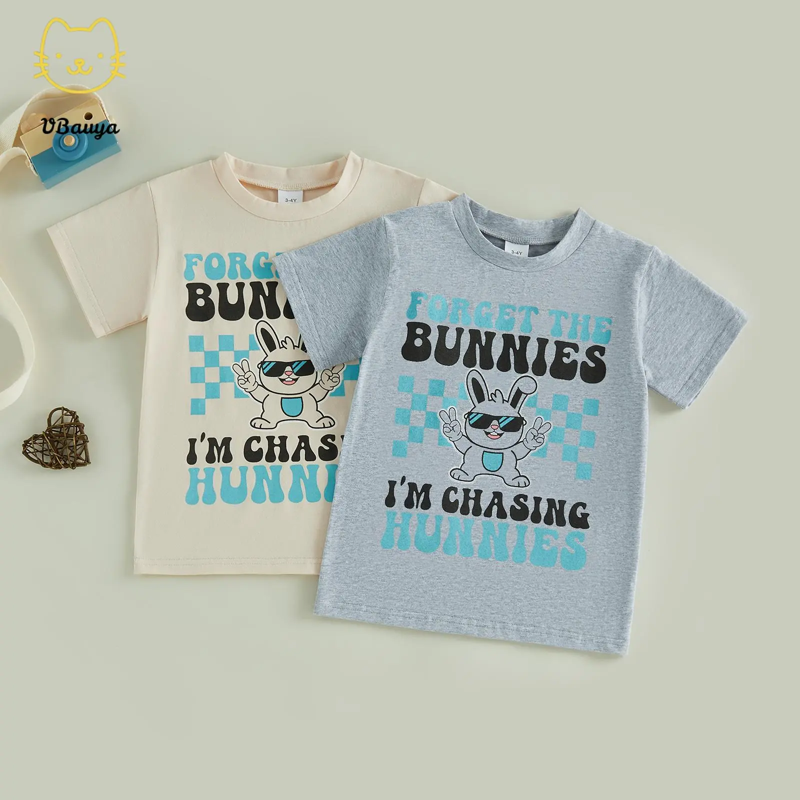 Boys' Easter Cotton Blend Cool Graphic Tee - Elastane Crew Neck Short-Sleeve, Loose Comfy Fit, Easter Bunny Fun Animal Graphic, Letter Print Casual Wear Top